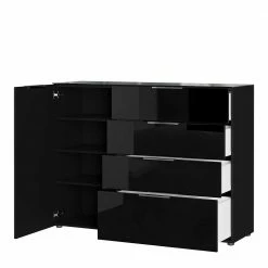 Bestpreis 🤩 101cm Hohe Design Kommode In Schwarz Mit Glas - Lavencia 🤩 -Reanna Shop 101cm hohe design kommode in schwarz mit glas beschichtet lavencia 02