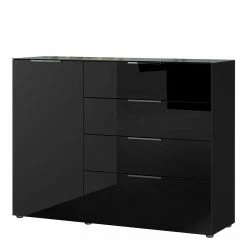 Bestpreis 🤩 101cm Hohe Design Kommode In Schwarz Mit Glas - Lavencia 🤩