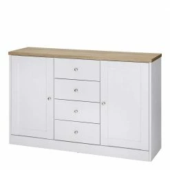 Auslauf 🌟 120x80x35 Kommode In Weiß Mit Sonoma Eiche - Nudion I ⭐