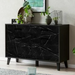 Am billigsten 🌟 126x85x40 Kommode Im Marmor Look - Jaennos 🎁 -Reanna Shop 126x85x40 kommode im marmor look schwarz 2 tueren 2 schubladen jaennos 02