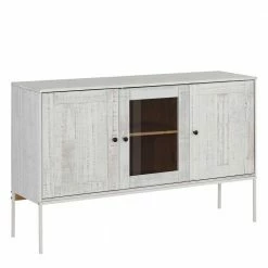 Neu 👏 130x80x35 Sideboard Mit Glas & Kiefernholz Weiß - Ejeliva ⭐