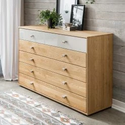 Besorgen ❤️ 141cm 5 Schubladen Kommode In Eiche & Beige - Emdsiva ⌛