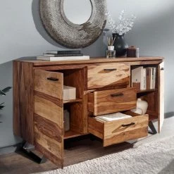 Billig 😉 145x82x45 Massives Sideboard Aus Holz Sheesham - Placer 🎁 9 Billig 😉 145x82x45 Massives Sideboard Aus Holz Sheesham - Placer 🎁 -Reanna Shop 145x82x45 massives sideboard aus holz sheesham und metall buegelgestell placer 03