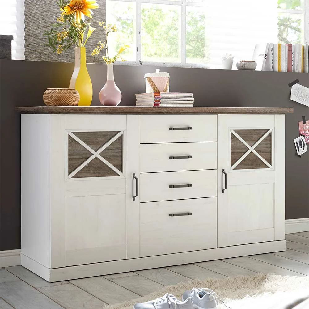 Neu 🌟 163x90x50 Landhaus Sideboard In Weiß & Pinie Dunkel - Chesnur 🔔 2 Neu 🌟 163x90x50 Landhaus Sideboard In Weiß & Pinie Dunkel - Chesnur 🔔 – Bild 2