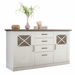 Neu 🌟 163x90x50 Landhaus Sideboard In Weiß & Pinie Dunkel - Chesnur 🔔