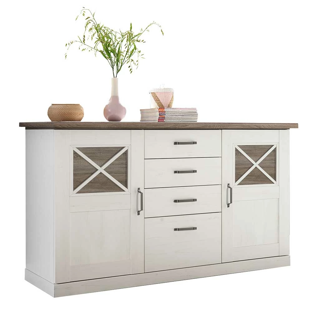 Neu 🌟 163x90x50 Landhaus Sideboard In Weiß & Pinie Dunkel - Chesnur 🔔 1 Neu 🌟 163x90x50 Landhaus Sideboard In Weiß & Pinie Dunkel - Chesnur 🔔