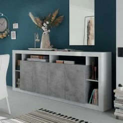 Schlussverkauf 👍 210x102x42 Hochglanz Sideboard In Weiß & Beton NB - Harrisons 😀 -Reanna Shop 210x102x42 hochglanz sideboard in weiss beton nb mit 4 tueren 6 faechern harrisons 05