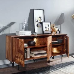 Bestes Angebot 😉 3-türiges Designer Sideboard Aus Massivholz - Madrino 🛒 -Reanna Shop 3 tueriges designer sideboard aus massivholz sheesham mit metallfuessen madrino 03