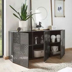 Großhandel 🧨 3-türiges Sideboard In Grau Glanz Lackiert - Ipatal 😀 -Reanna Shop 3 tueriges sideboard in grau glanz lackiert mit druck ipatal 02