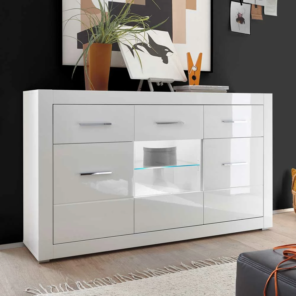 Blitzangebot 😉 3-türiges Sideboard In Hochglanz Weiß & Glas Yulis Mit 2 Schubladen 🛒 2 Blitzangebot 😉 3-türiges Sideboard In Hochglanz Weiß & Glas Yulis Mit 2 Schubladen 🛒 – Bild 2