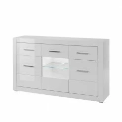 Blitzangebot 😉 3-türiges Sideboard In Hochglanz Weiß & Glas Yulis Mit 2 Schubladen 🛒