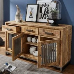 Blitzangebot 🔔 Designer-Sideboard Aus Holz & Eisen - Anuva ✨ -Reanna Shop designer sideboard aus holz eisen in mango natur schwarzgrau anuva 02