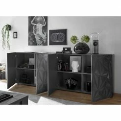 Billig 🥰 Graues Hochglanz-Sideboard 4-türiig - Kuriasna ❤️ -Reanna Shop graues hochglanz sideboard 4 tueriig mit muster print kuriasna 02