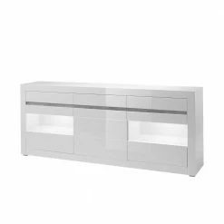 Angebote 👏 Hochglanz Sideboard In Weiß Mit 2 Glaseinsätzen Mextra & Beton Dekor 🧨