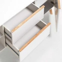 Großhandel ⭐ Retro Sideboard Belice In Weiß Und Eiche Massiv 🔥 -Reanna Shop retro sideboard weiss und eiche massiv 2 tuerig und zwei schubladen 160cm breit belice 03