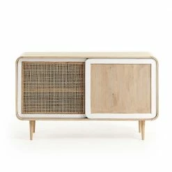 Rabatt 🎁 Retro Türenkommode Sampolo Mit Schiebetüren 🎉 -Reanna Shop retro tuerenkommode schiebetueren massivholz weiss natur und rattan sampolo 03